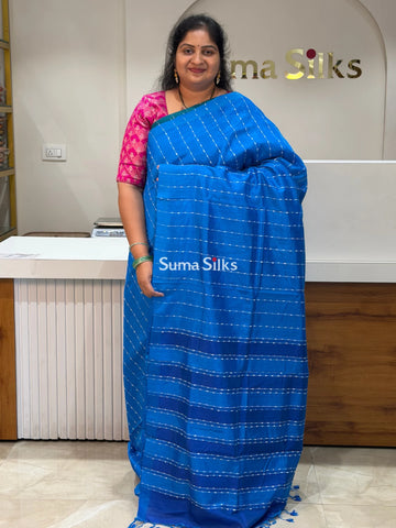 Jute Lines Mangalagiri Pattu Handloom Sarees Royal Blue Color