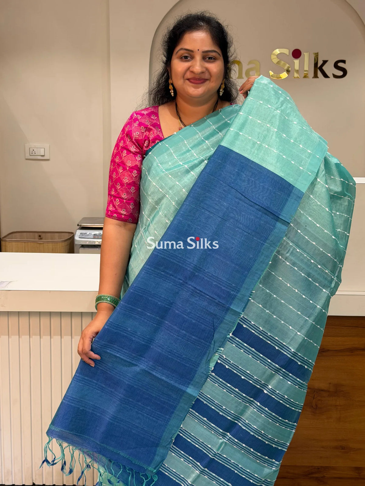 Jute Lines Mangalagiri Pattu Handloom Sarees Sea Green Color