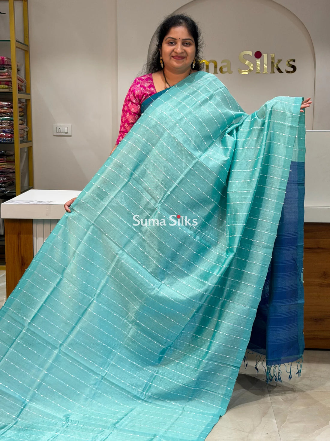 Jute Lines Mangalagiri Pattu Handloom Sarees Sea Green Color