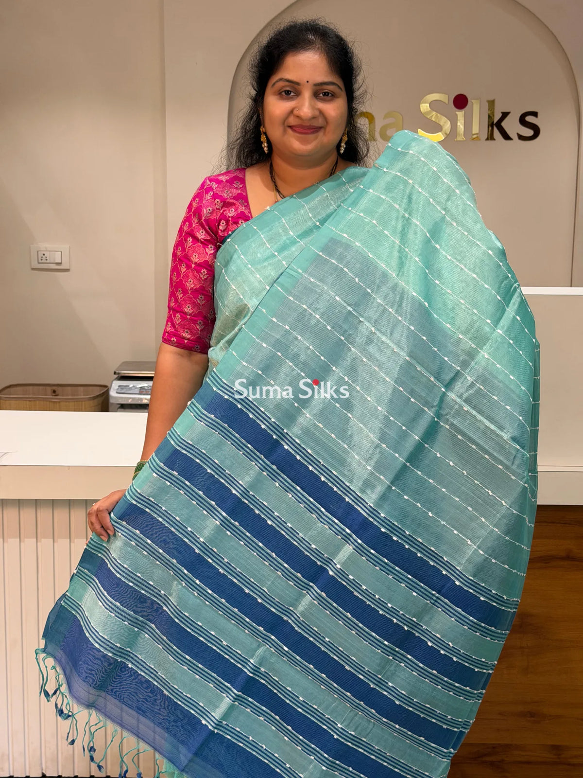 Jute Lines Mangalagiri Pattu Handloom Sarees Sea Green Color