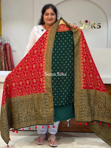 Kaddi Georgette Contrast Dupatta Bottle Green and Red Combination