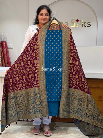 Kaddi Georgette Contrast Dupatta Peacock Blue and Wine Combination