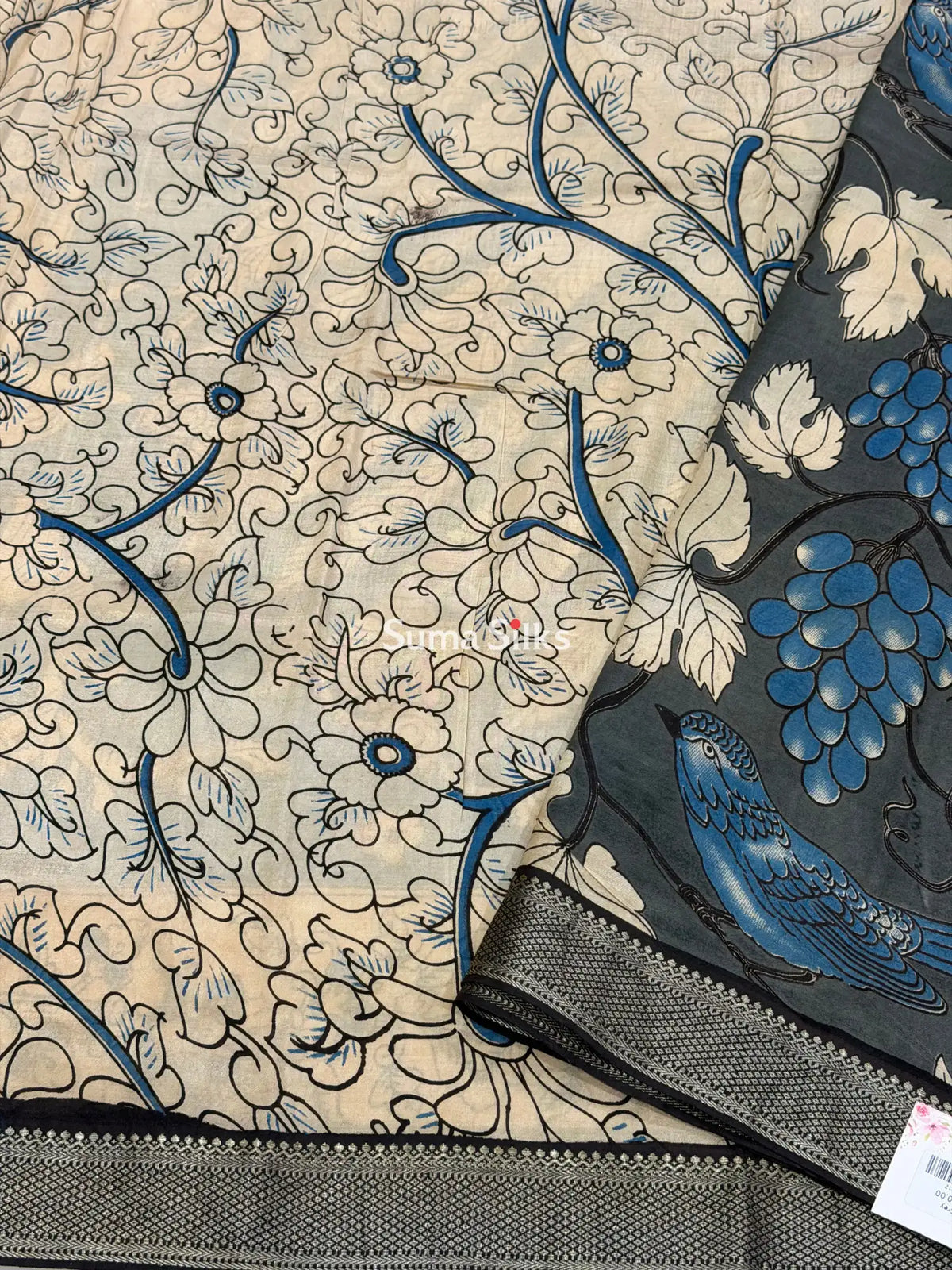 Kalamkari Chennur Silk Nizam Border Birds Design Grey