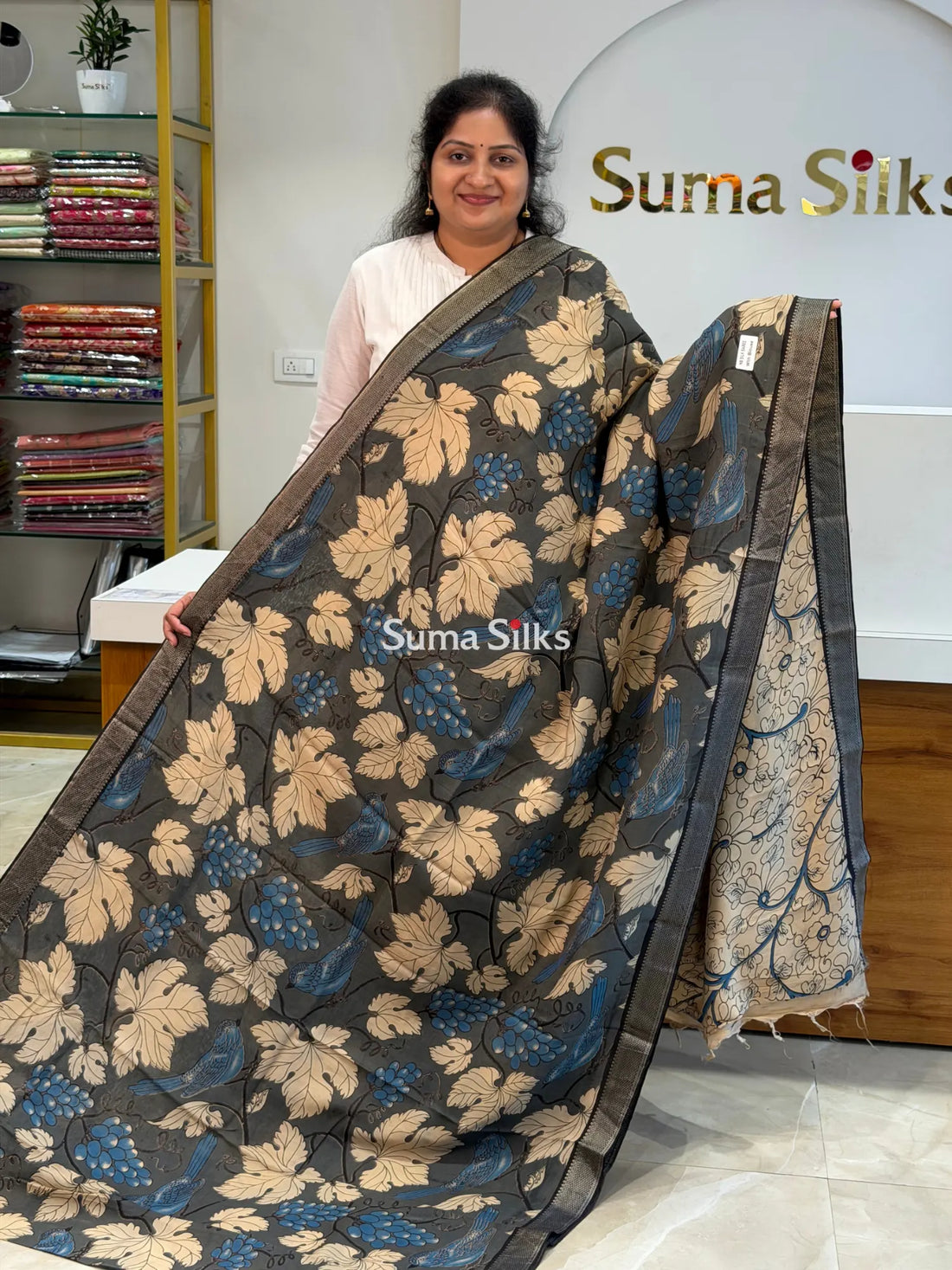 Kalamkari Chennur Silk Nizam Border Birds Design Grey