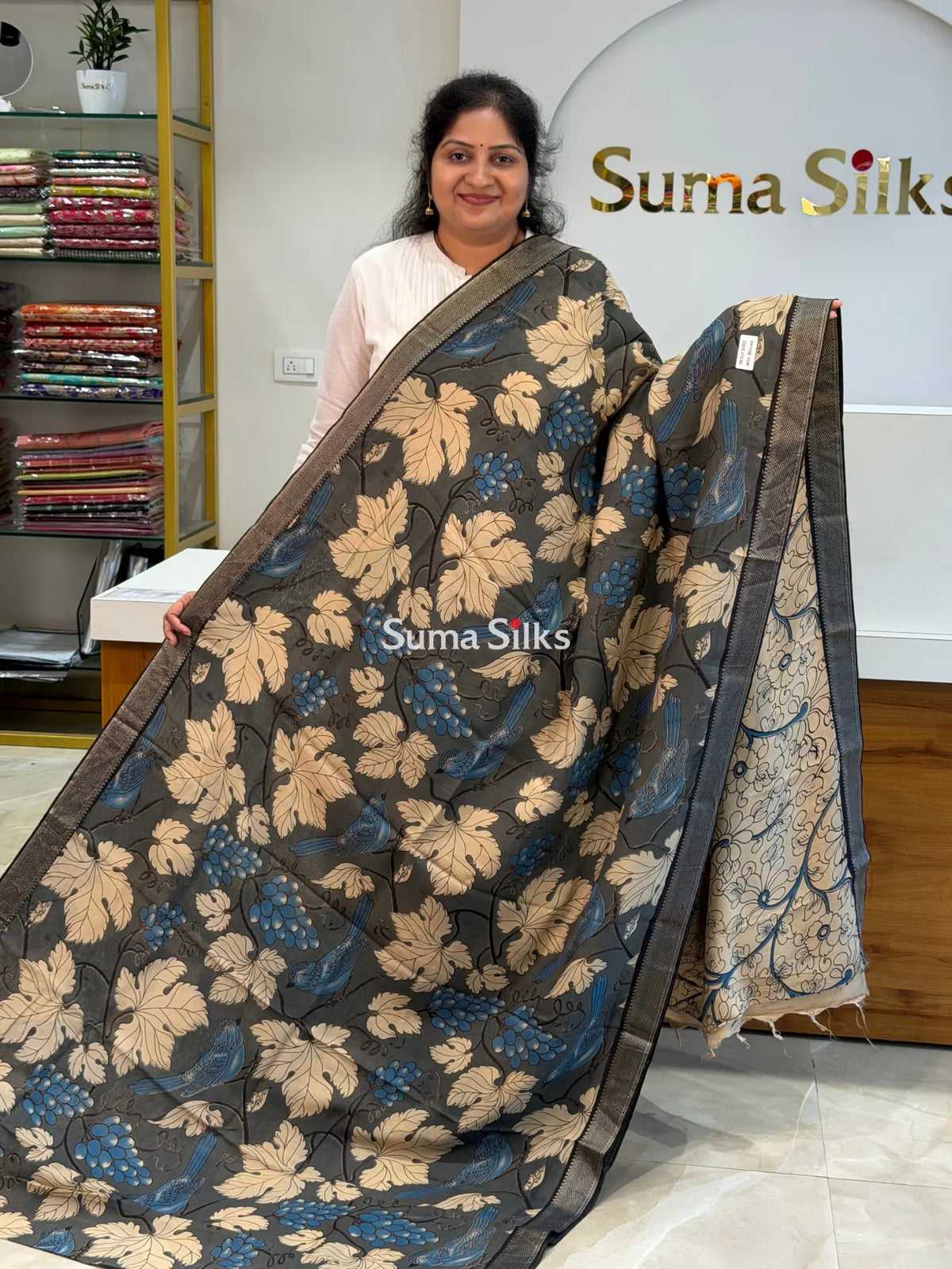 Kalamkari Chennur Silk Nizam Border Birds Design Grey
