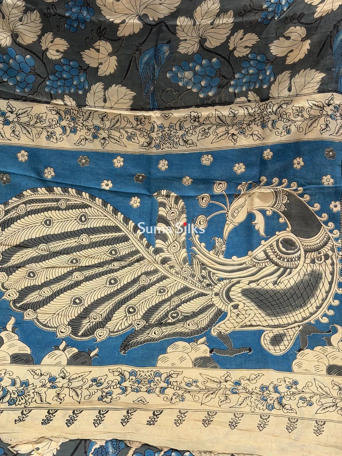 Kalamkari Chennur Silk Nizam Border Birds Design Grey