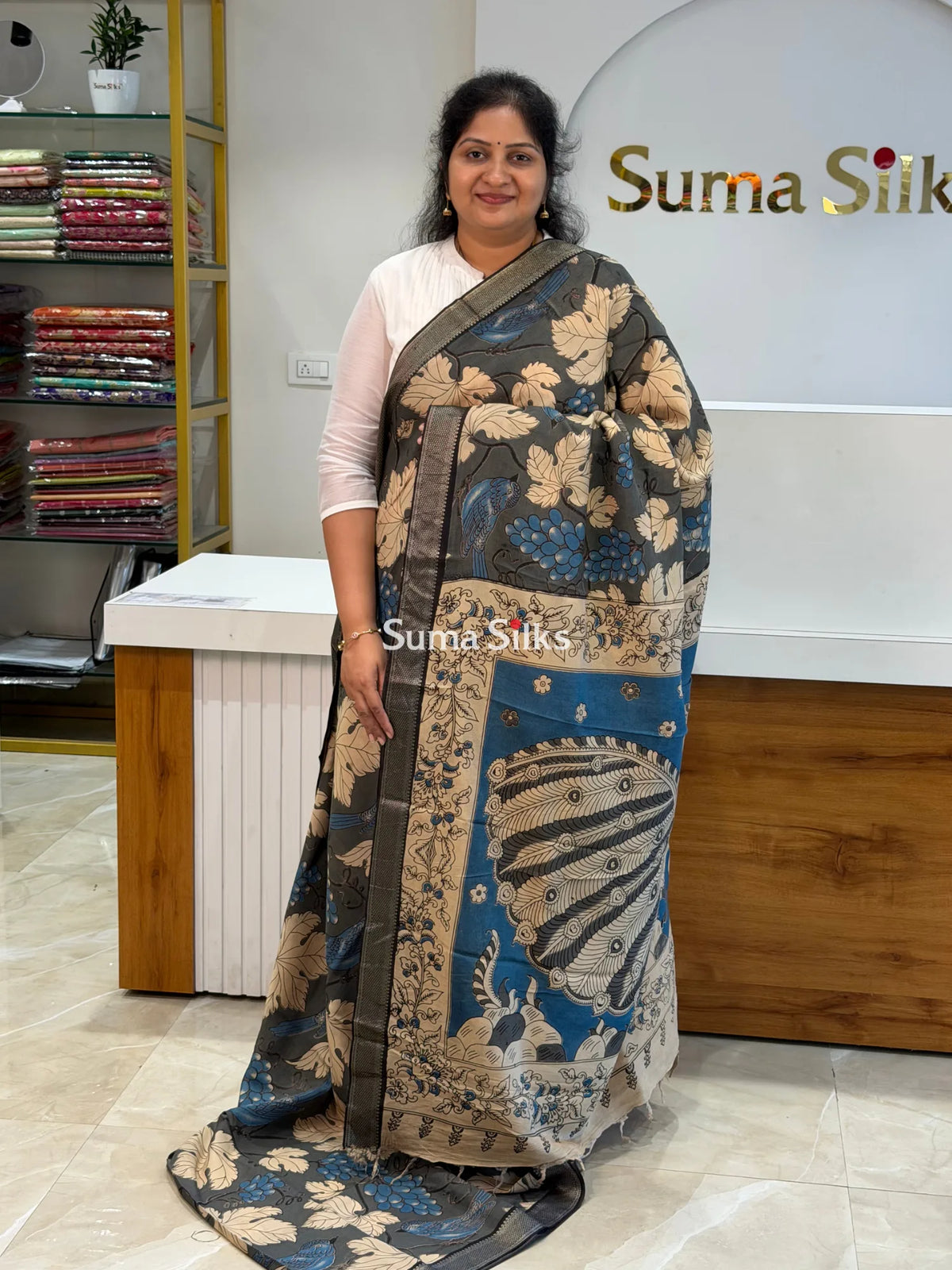 Kalamkari Chennur Silk Nizam Border Birds Design Grey