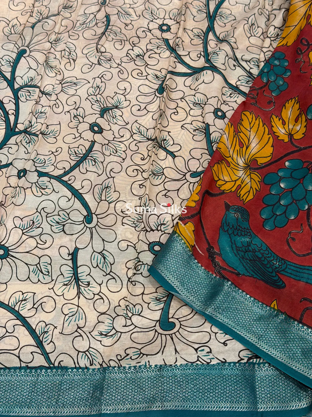 Kalamkari Chennur Silk Nizam Border Birds Design Maroon