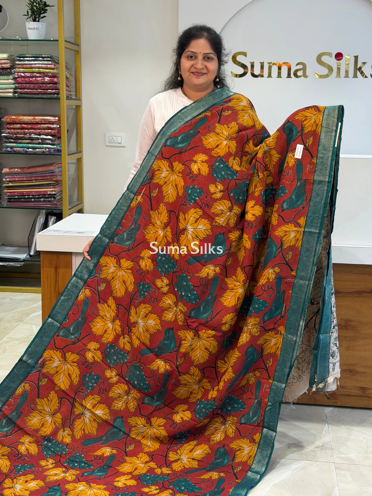 Kalamkari Chennur Silk Nizam Border Birds Design Maroon