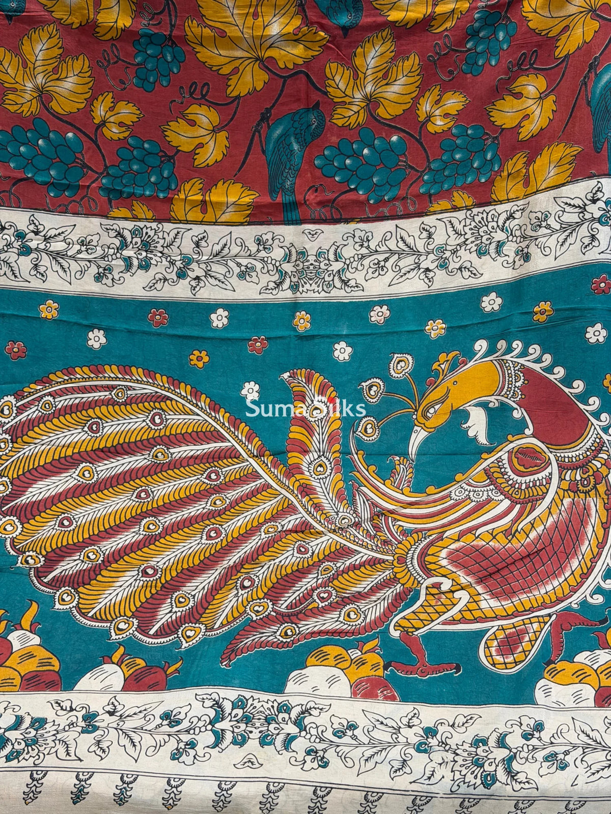 Kalamkari Chennur Silk Nizam Border Birds Design Maroon