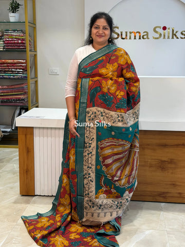 Kalamkari Chennur Silk Nizam Border Birds Design Maroon