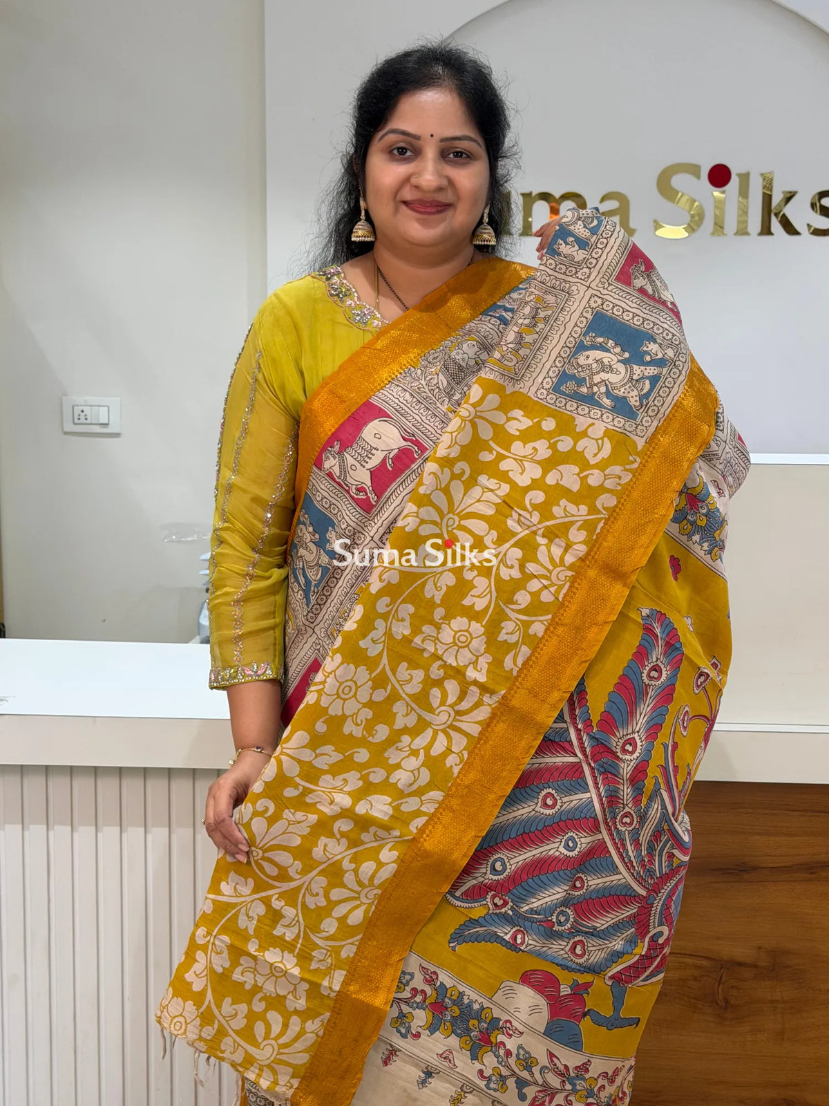 Kalamkari Chennur Silk Nizam Border Pichwai Design Grid Layout