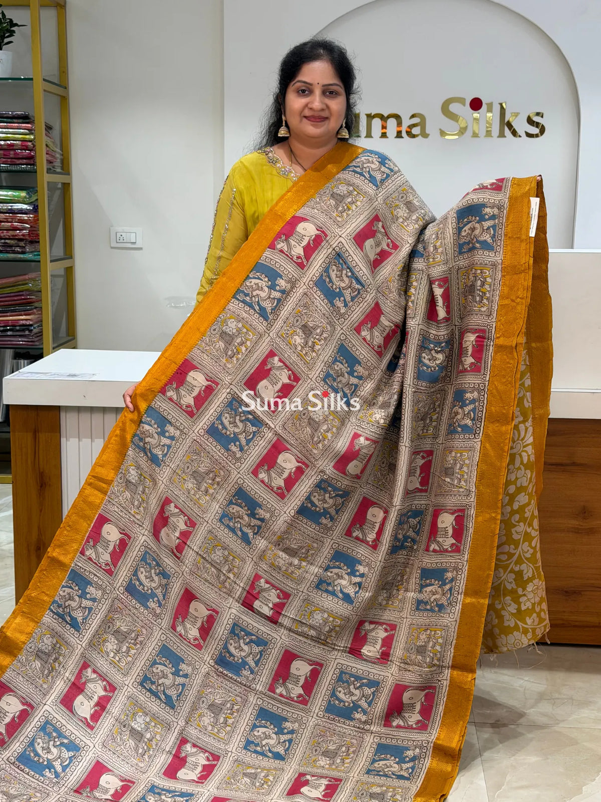 Kalamkari Chennur Silk Nizam Border Pichwai Design Grid Layout