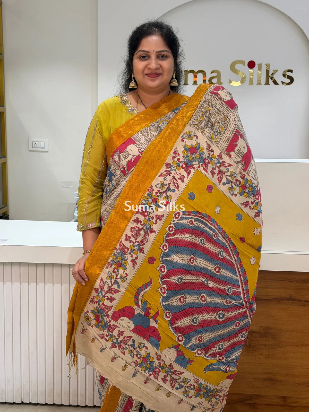 Kalamkari Chennur Silk Nizam Border Pichwai Design Grid Layout