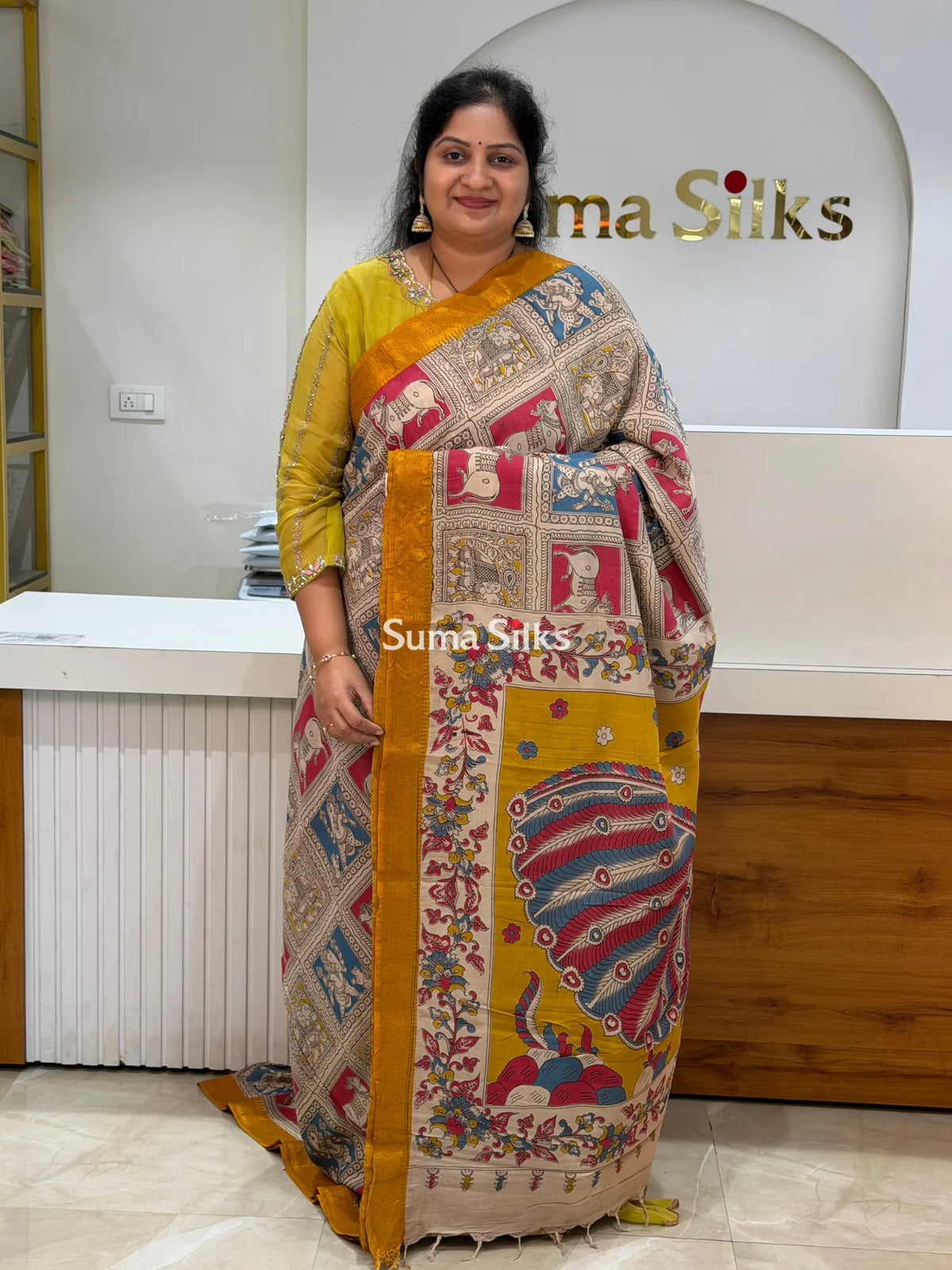 Kalamkari Chennur Silk Nizam Border Pichwai Design Grid Layout