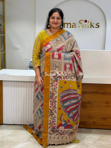 Kalamkari Chennur Silk Nizam Border Pichwai Design Grid Layout