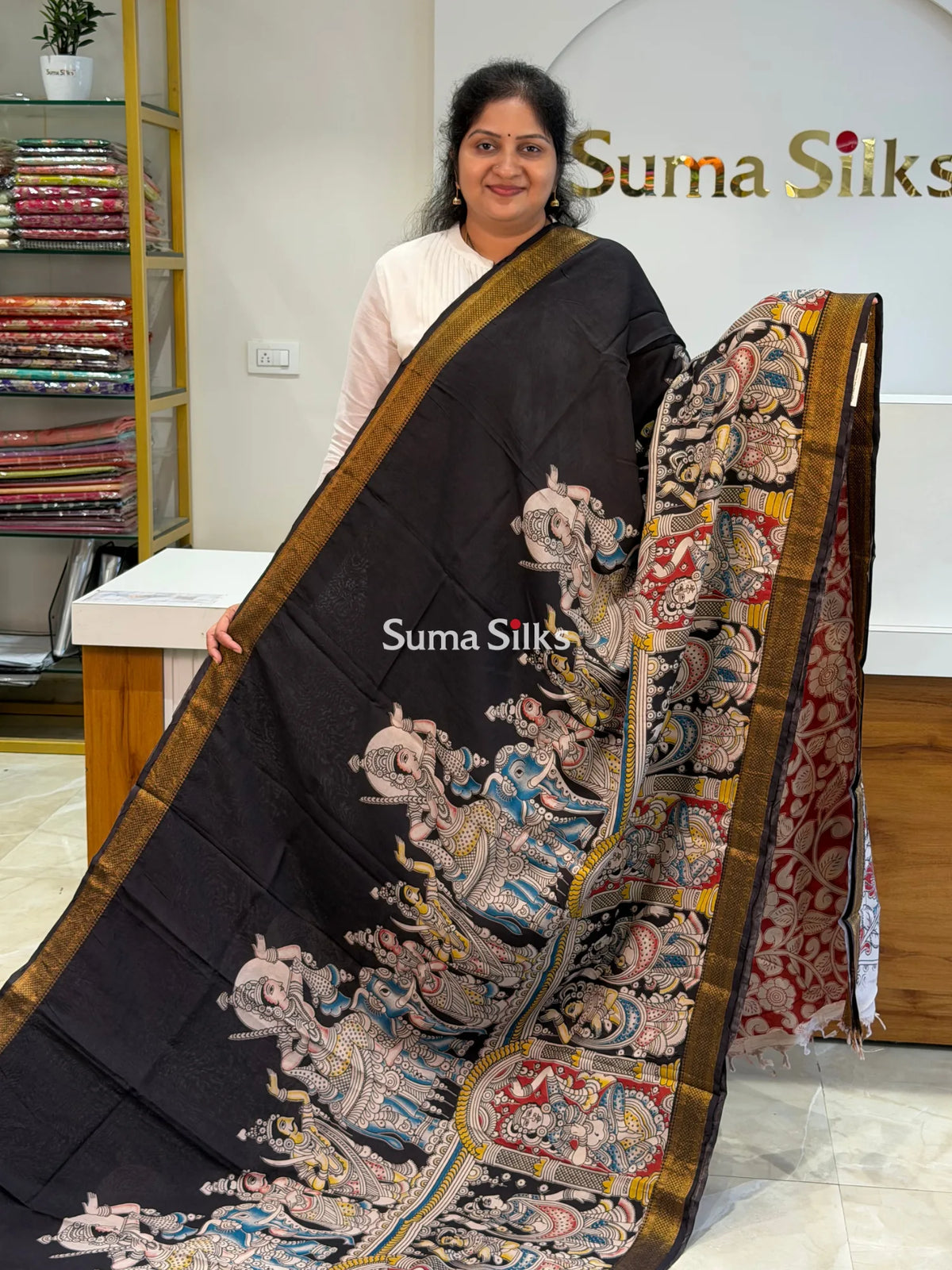Kalamkari Chennur Silk Nizam Border Ramayana Black