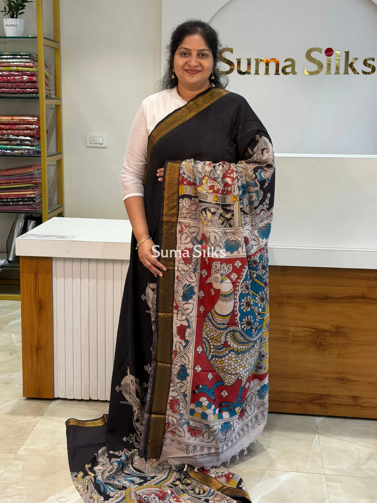 Kalamkari Chennur Silk Nizam Border Ramayana Black