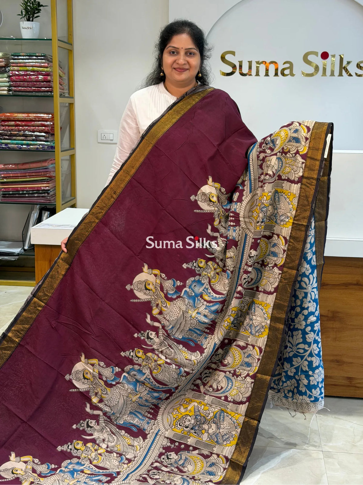 Kalamkari Chennur Silk Nizam Border Ramayana Wine