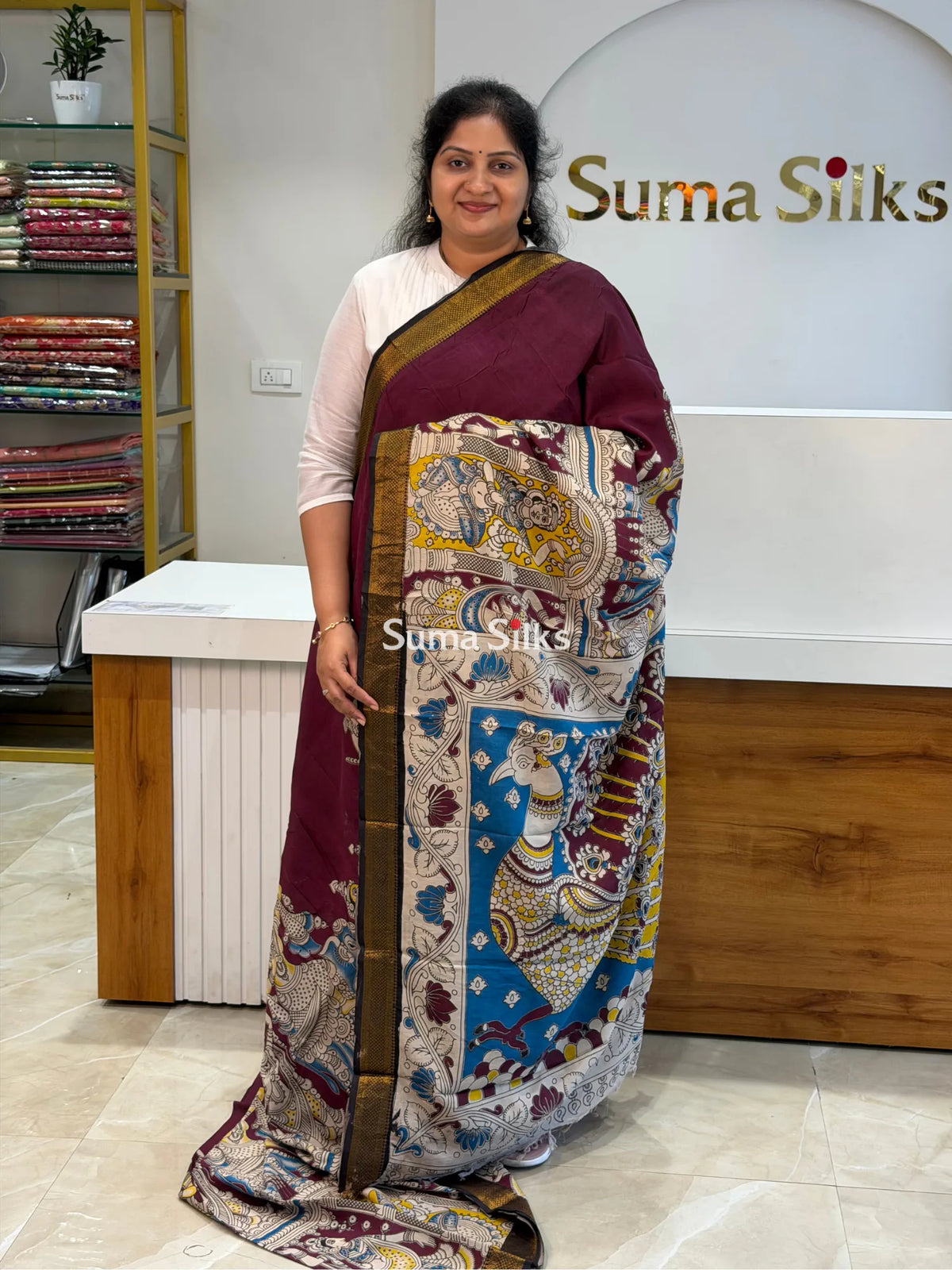 Kalamkari Chennur Silk Nizam Border Ramayana Wine