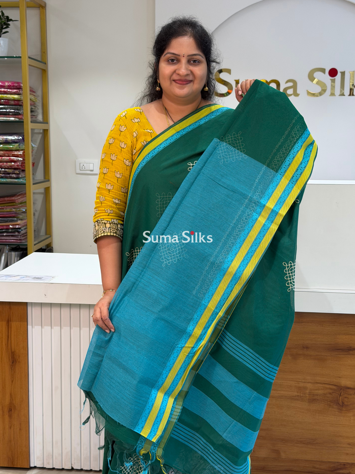 Kanchi Cotton Kolam Embroidery Bottle Green