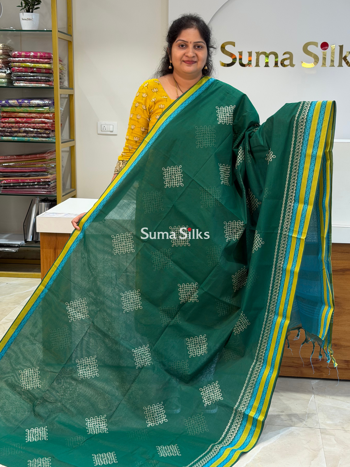 Kanchi Cotton Kolam Embroidery Bottle Green
