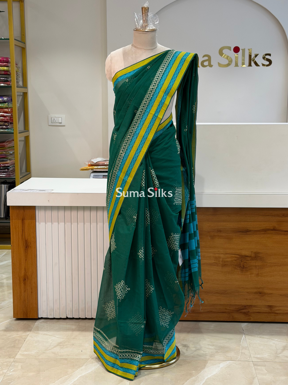 Kanchi Cotton Kolam Embroidery Bottle Green
