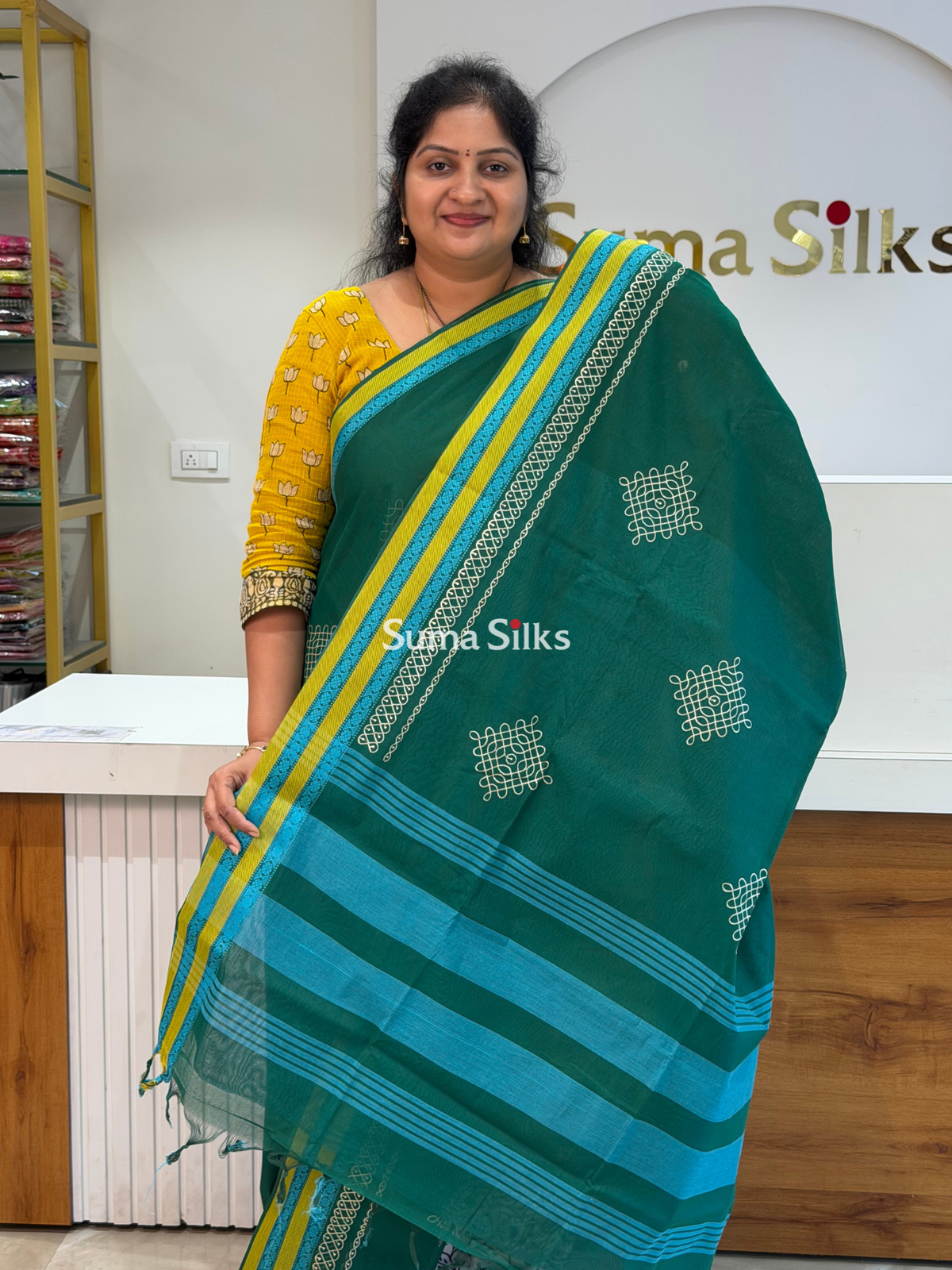 Kanchi Cotton Kolam Embroidery Bottle Green