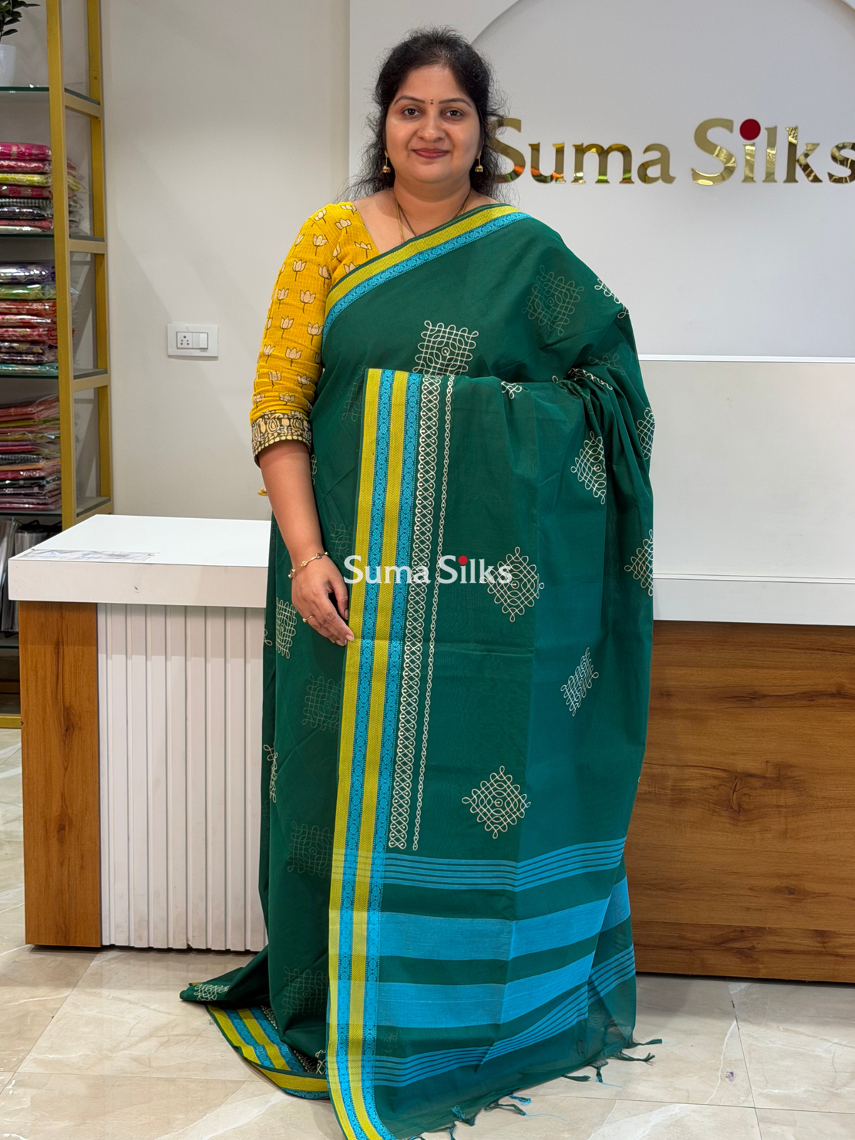 Kanchi Cotton Kolam Embroidery Bottle Green