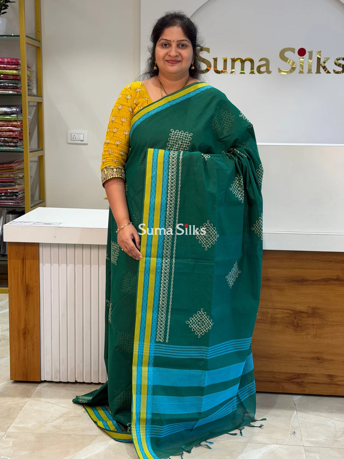 Kanchi Cotton Kolam Embroidery Bottle Green