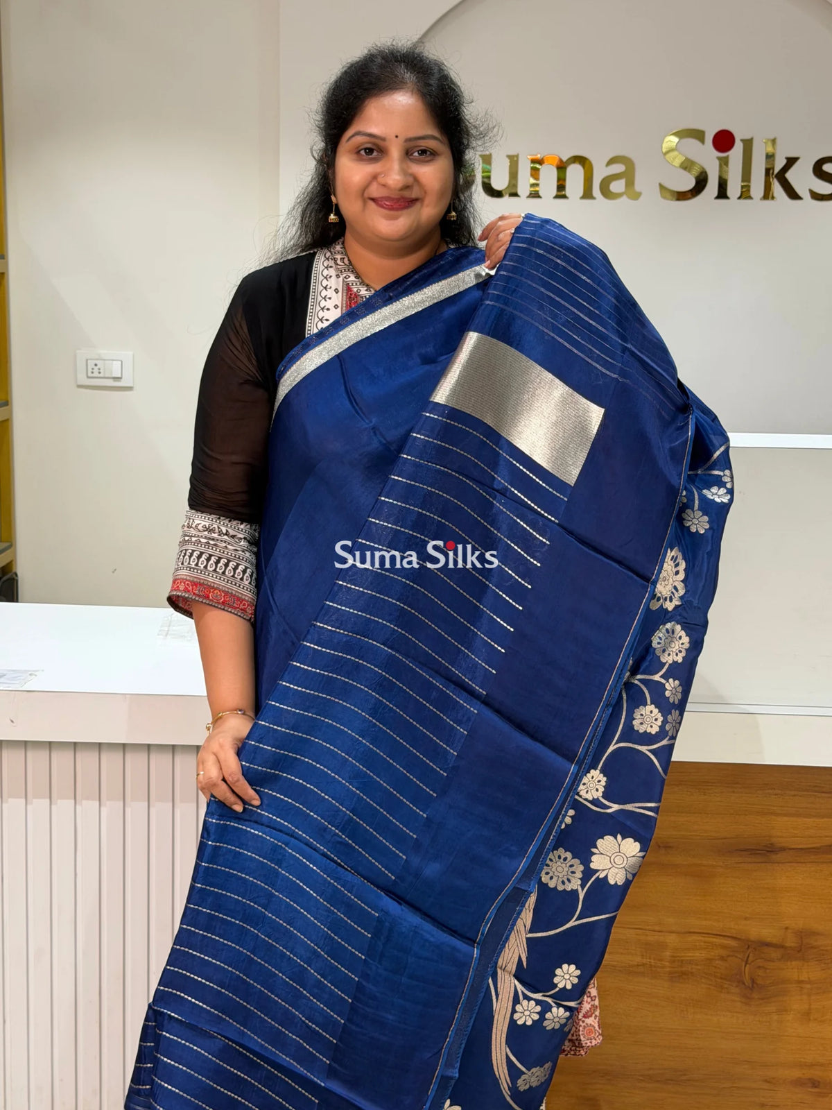 Kora Crepe Silk Parrot Jaal Blue Half Saree Style