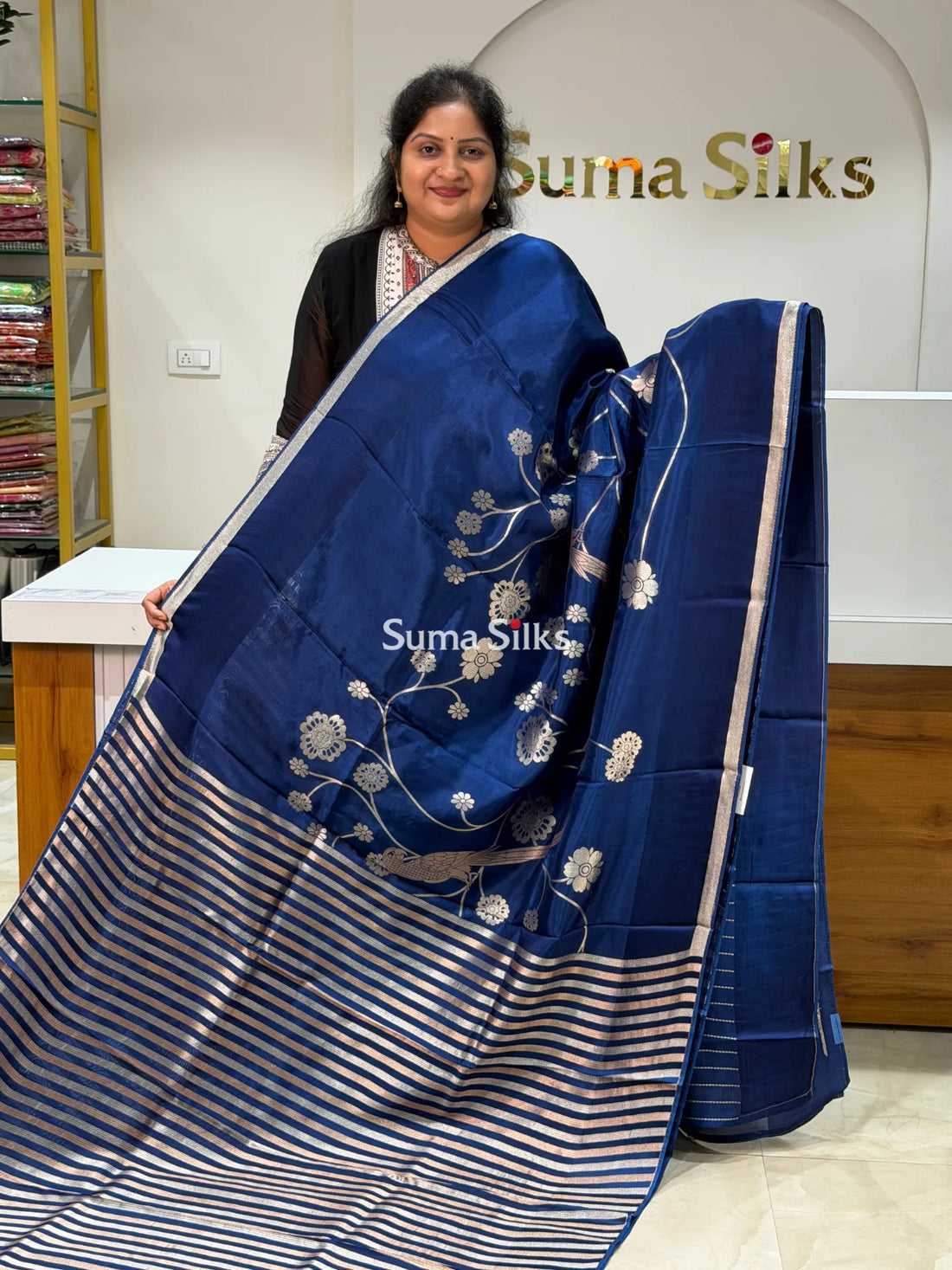 Kora Crepe Silk Parrot Jaal Blue Half Saree Style