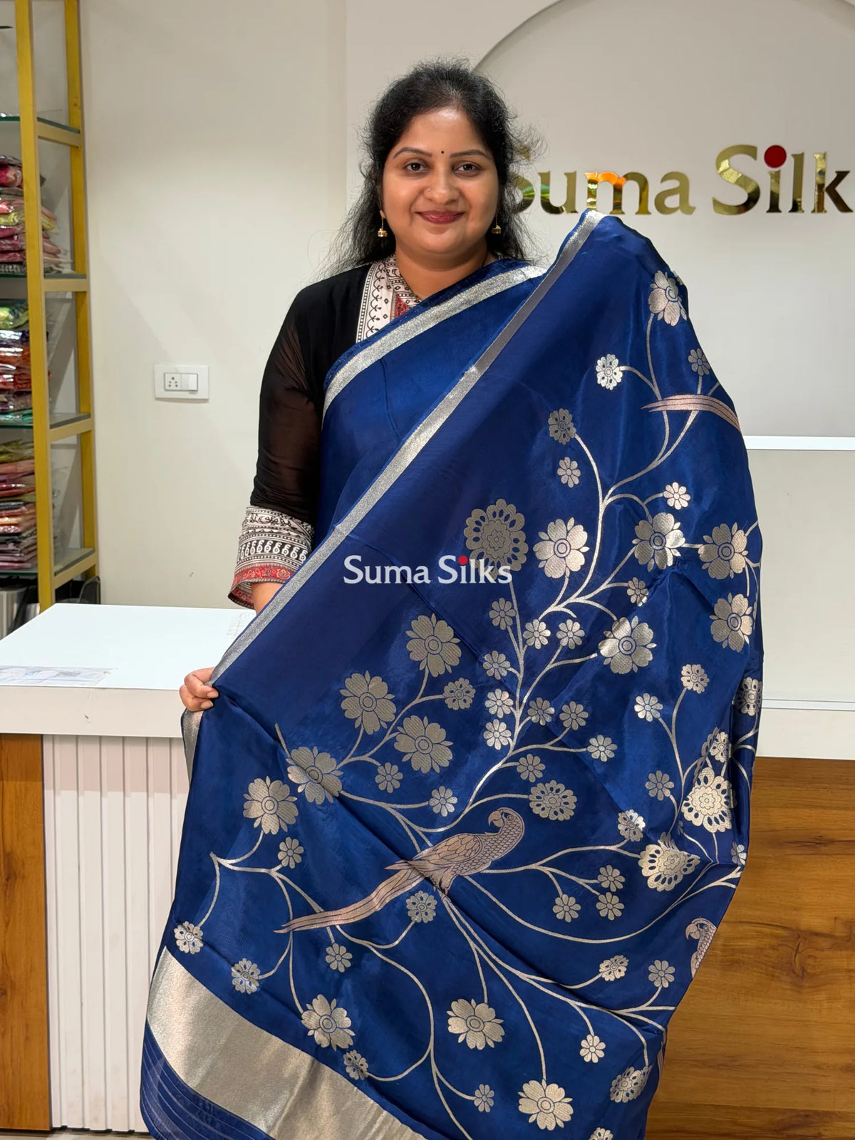 Kora Crepe Silk Parrot Jaal Blue Half Saree Style
