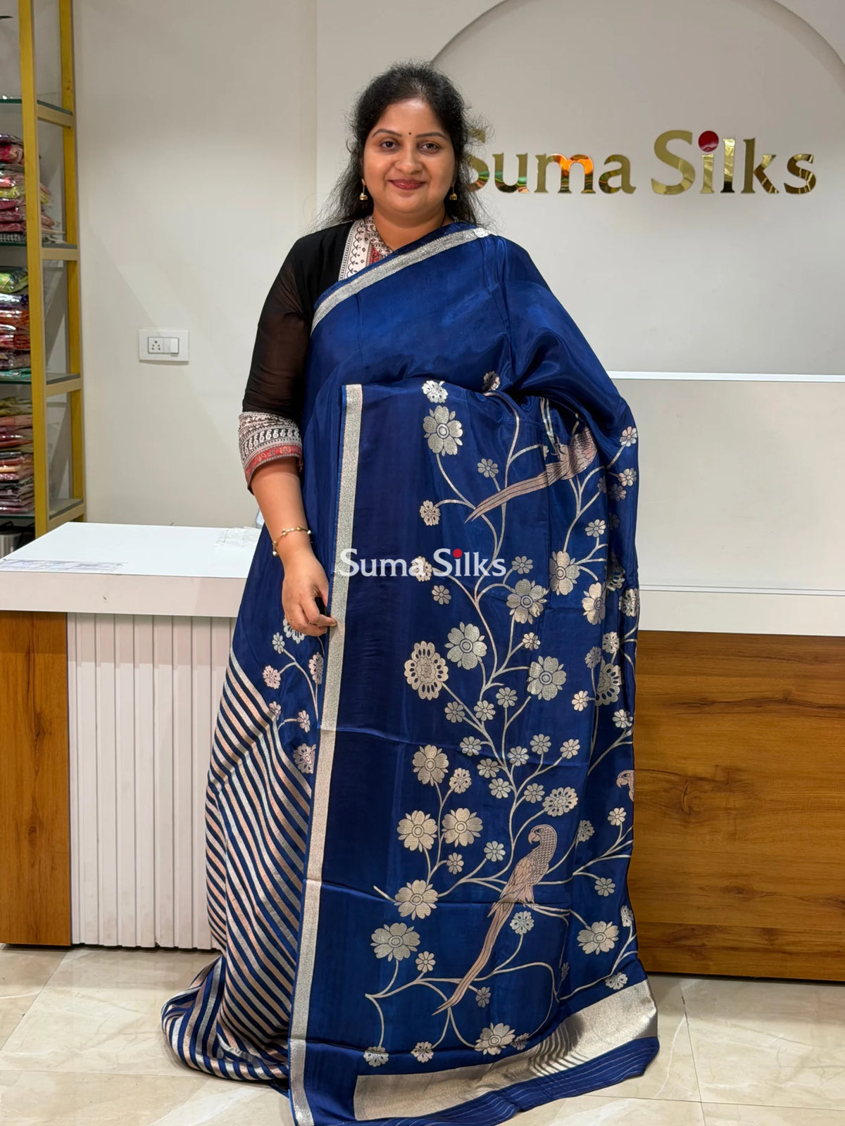 Kora Crepe Silk Parrot Jaal Blue Half Saree Style