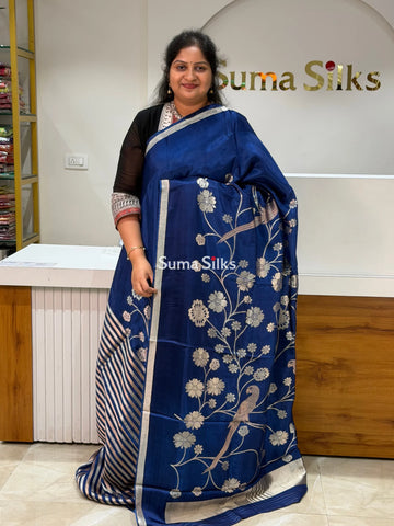 Kora Crepe Silk Parrot Jaal Blue Half Saree Style