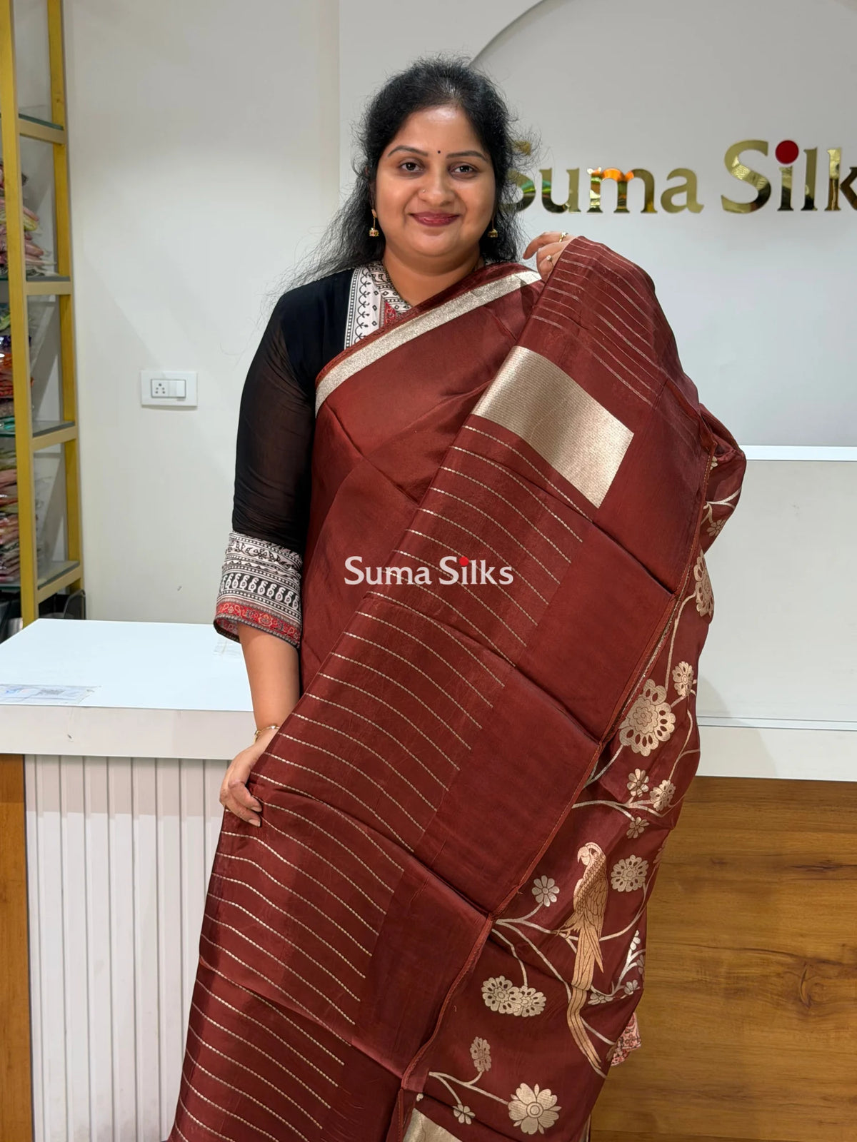 Kora Crepe Silk Parrot Jaal Brown Half Saree Style