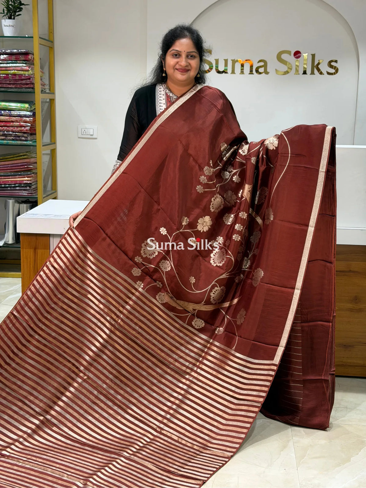 Kora Crepe Silk Parrot Jaal Brown Half Saree Style