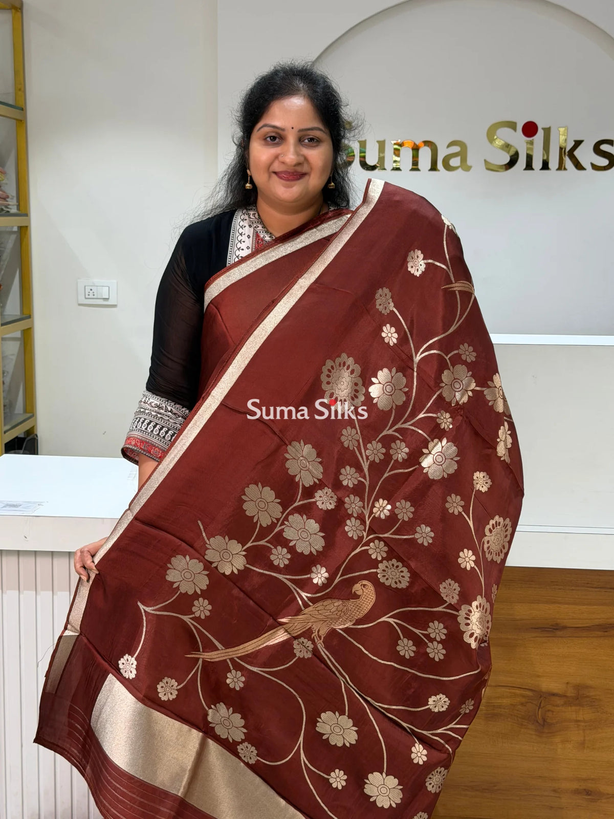 Kora Crepe Silk Parrot Jaal Brown Half Saree Style