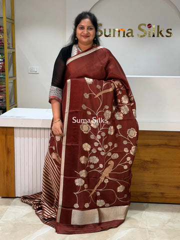 Kora Crepe Silk Parrot Jaal Brown Half Saree Style