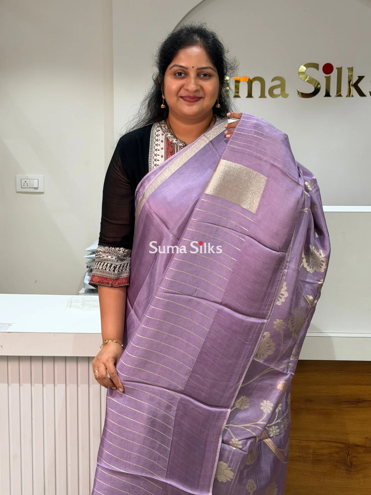 Kora Crepe Silk Parrot Jaal Lavender Half Saree Style
