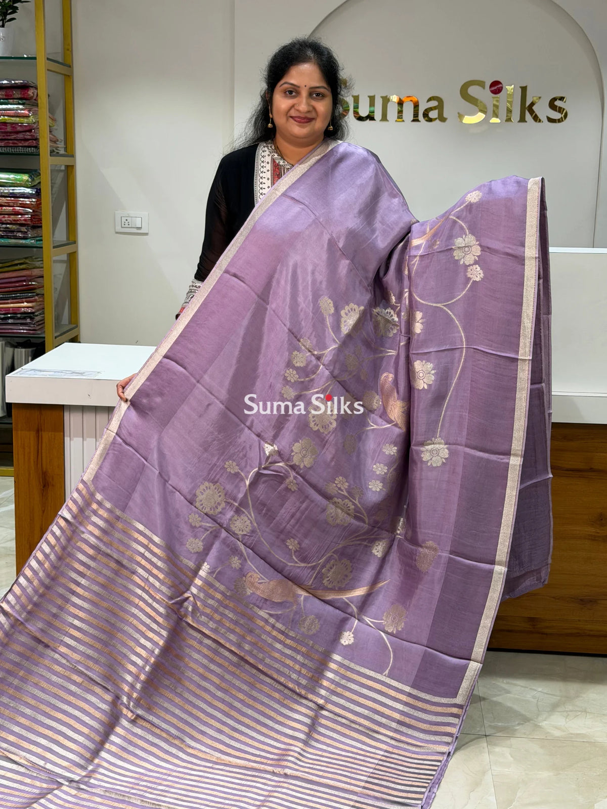 Kora Crepe Silk Parrot Jaal Lavender Half Saree Style
