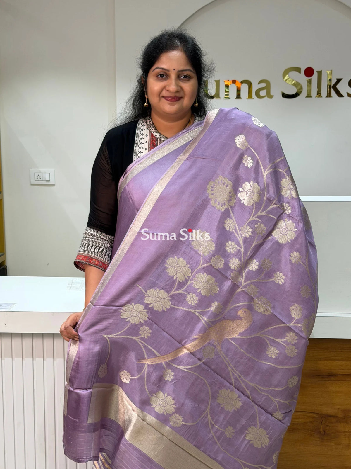 Kora Crepe Silk Parrot Jaal Lavender Half Saree Style
