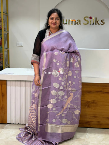 Kora Crepe Silk Parrot Jaal Lavender Half Saree Style
