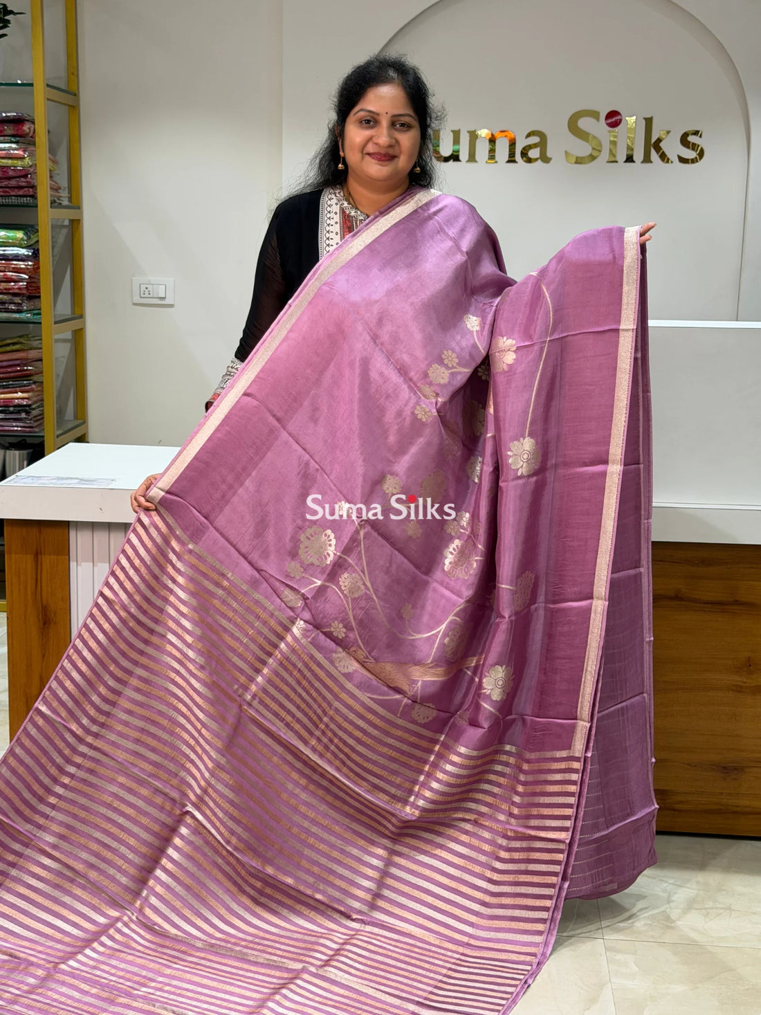 Kora Crepe Silk Parrot Jaal Onion Pink Half Saree Style