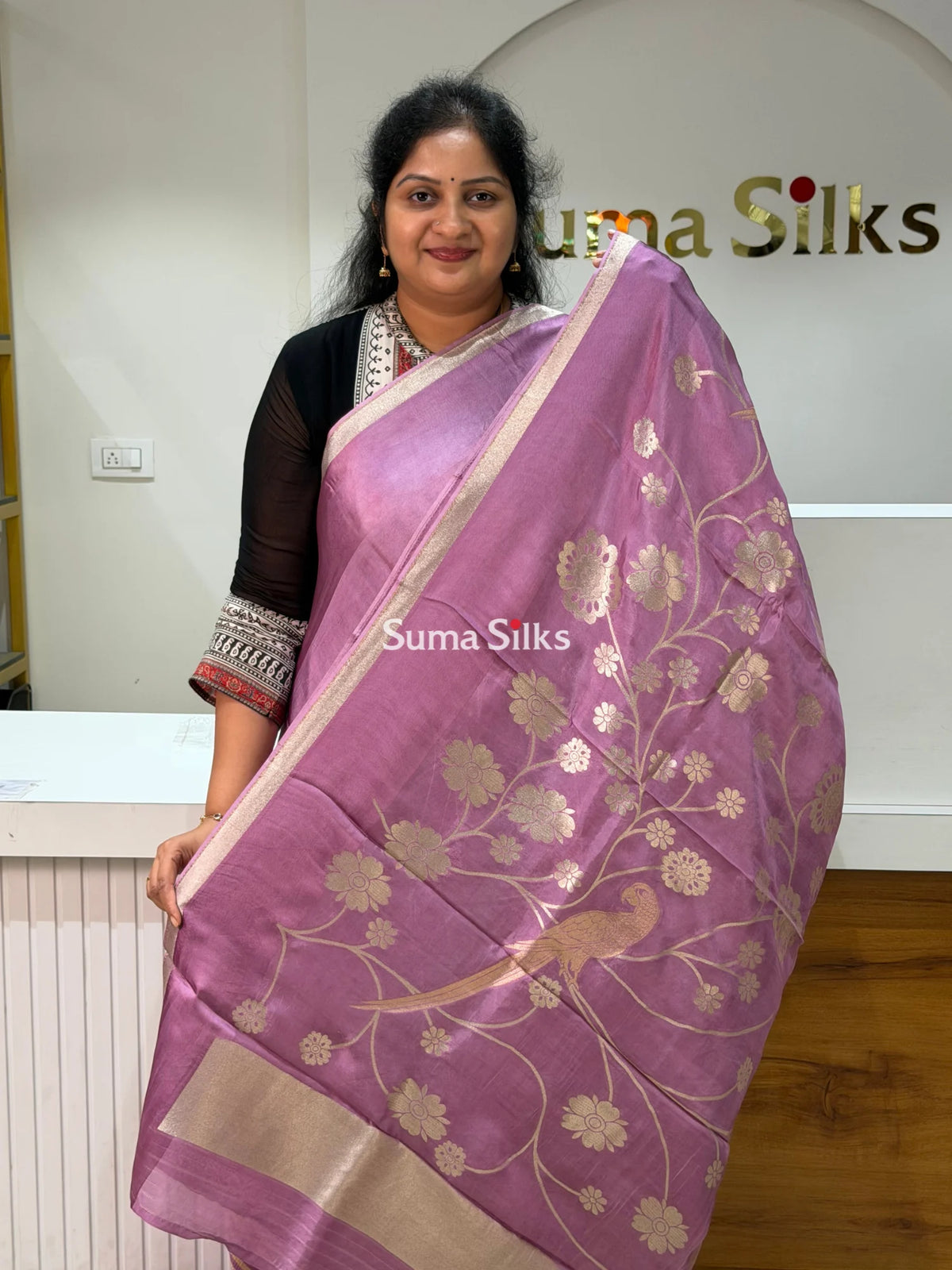 Kora Crepe Silk Parrot Jaal Onion Pink Half Saree Style