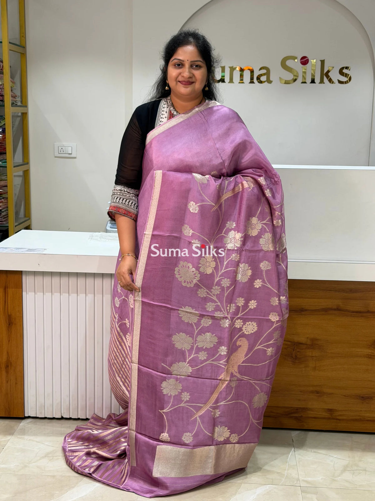 Kora Crepe Silk Parrot Jaal Onion Pink Half Saree Style