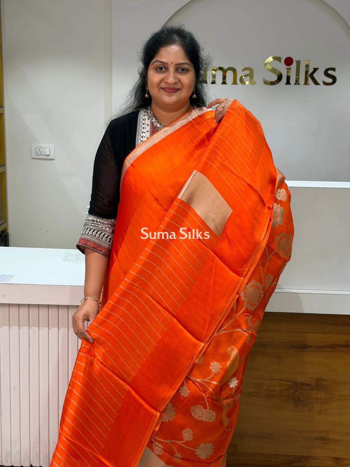 Kora Crepe Silk Parrot Jaal Orange Half Saree Style