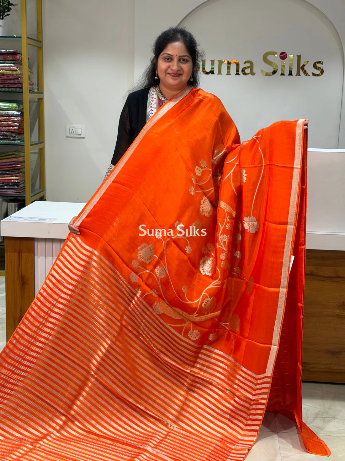 Kora Crepe Silk Parrot Jaal Orange Half Saree Style