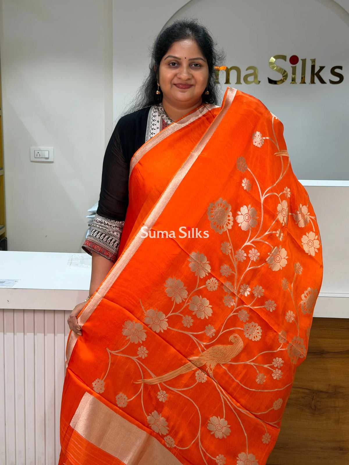 Kora Crepe Silk Parrot Jaal Orange Half Saree Style