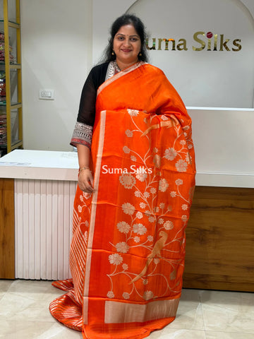 Kora Crepe Silk Parrot Jaal Orange Half Saree Style
